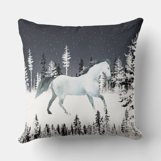 White Horse Snowy Night Eastern Pine Tree Forest Cushion (Back)