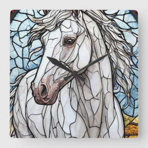 White Horse stained glass Square Wall Clock