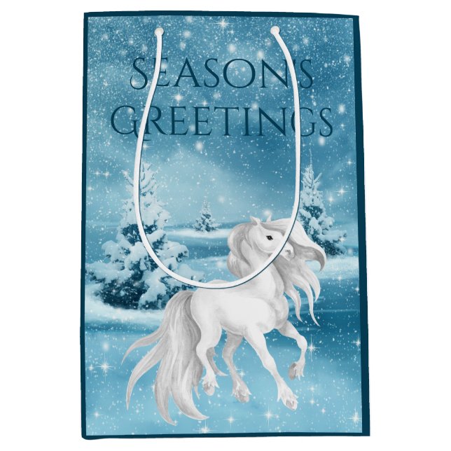 White Horse Winter Season's Greetings Christmas Medium Gift Bag (Front)