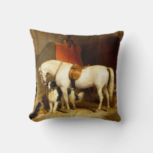 WHITE HORSE WITH DOGS AND FALCONS IN STABLE CUSHION
