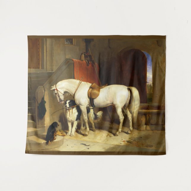 WHITE HORSE WITH DOGS AND FALCONS IN STABLE  TAPESTRY (Front (Horizontal))
