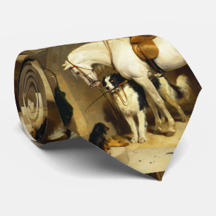 WHITE HORSE WITH DOGS AND FALCONS IN STABLE TIE