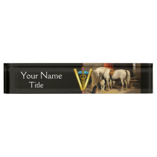 White Horse With Dogs / CADUCEUS VETERINARY SYMBOL Nameplate