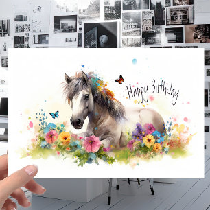 White Horse with Flowers and Butterflies Birthday Card