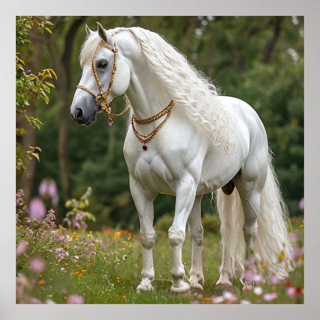 White Horse with Flowing Mane Poster (Front)