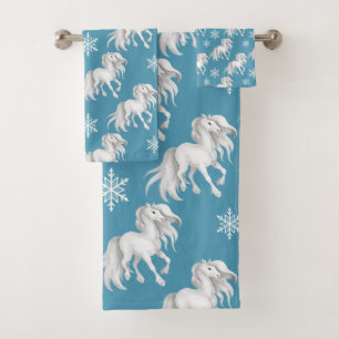 White Horses and Snowflakes Winter Pattern on Blue Bath Towel Set