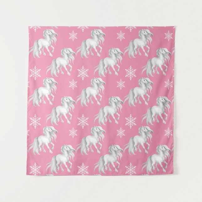 White Horses and Snowflakes Winter Pattern on Pink Tapestry (Front)