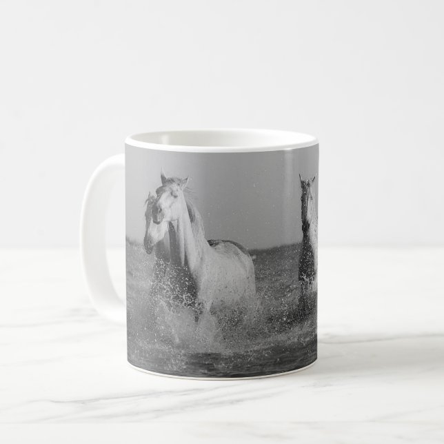 White Horses, black and white photography Coffee Mug (Front Left)