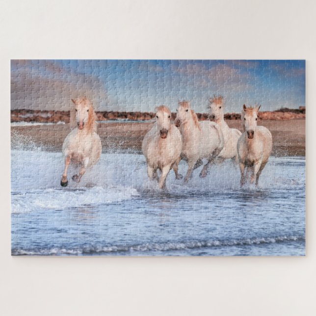 White Horses Galloping On Beach | Nature Jigsaw Puzzle (Horizontal)