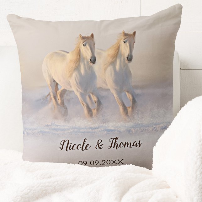 White Horses in Snow Winter Wedding Pillow (Romantic wedding or anniversary pillow featuring two white horses running in the snow )