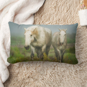 White Horses of Camargue in Field Lumbar Cushion