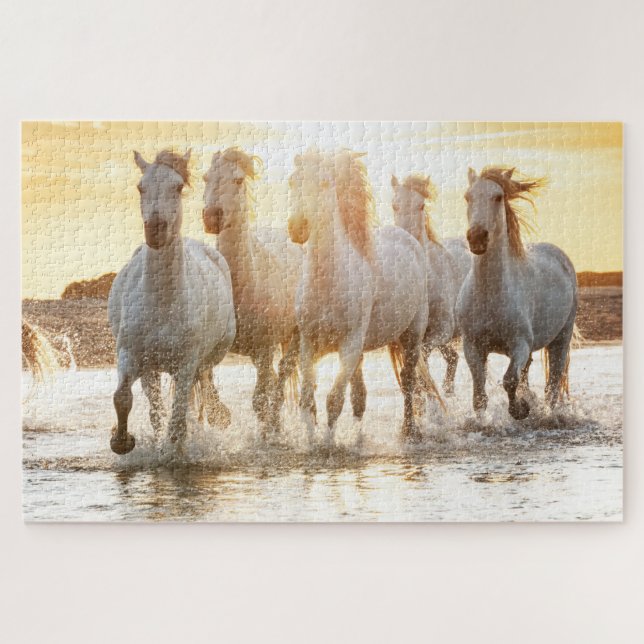 White Horses On Beach at Sunset Jigsaw Puzzle (Horizontal)