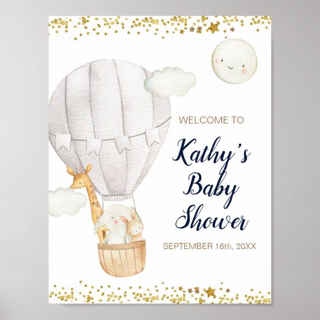 White Hot air Balloon Jungle Baby Shower Welcome Poster (Front)