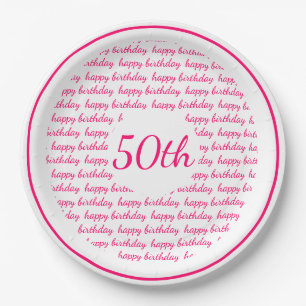 White Hot Pink 50th Happy Birthday Typography Paper Plate