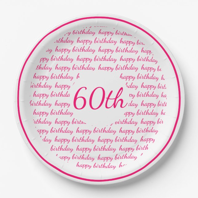 White Hot Pink 60th Happy Birthday Typography Paper Plate (Front)