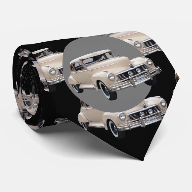 White Hotrod 1940s Car Pattern Tie (Rolled)