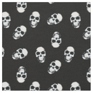 White Human Skulls on Black Pattern Fabric