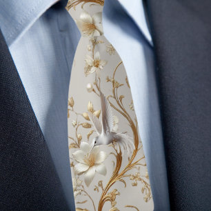 White Hummingbird Formal Floral Necktie