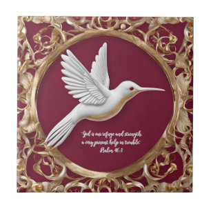 White Hummingbird on Red Tall Customisable Ceramic Tile