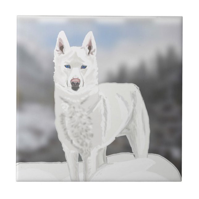 White Husky  Ceramic Tile (Front)