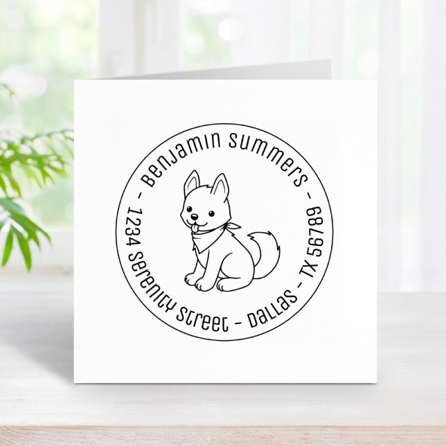 White Husky Puppy Dog Round Address Rubber Stamp (Creator Uploaded)