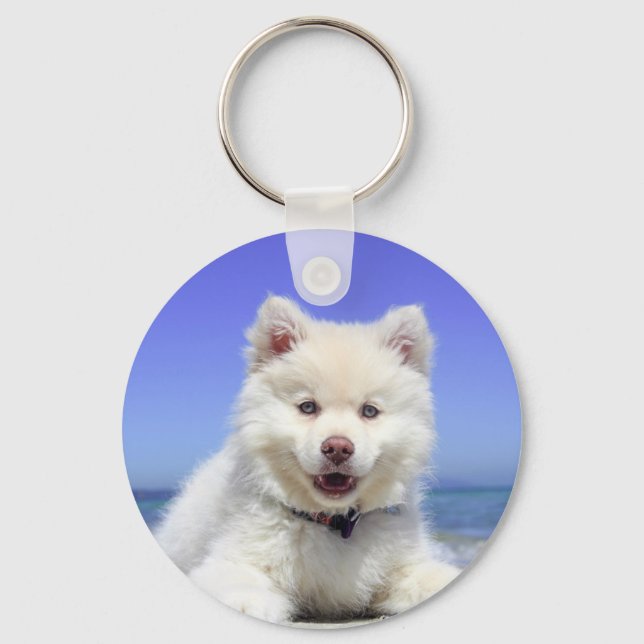 White Husky Puppy with Blue Eyes Key Ring (Front)