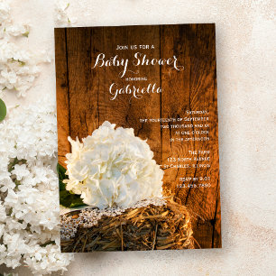 White Hydrangea and Barn Wood Country Baby Shower Invitation