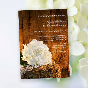 White Hydrangea and Barn Wood Country Wedding Invitation