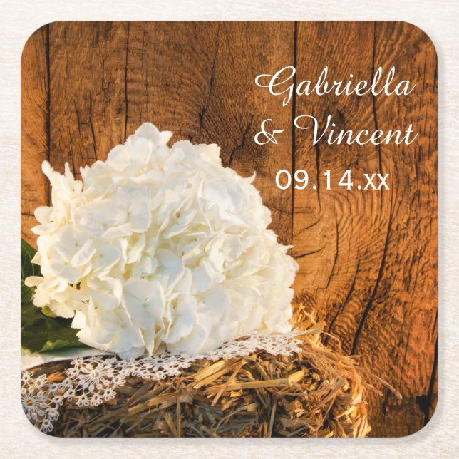 White Hydrangea and Barn Wood Country Wedding Square Paper Coaster (Front)