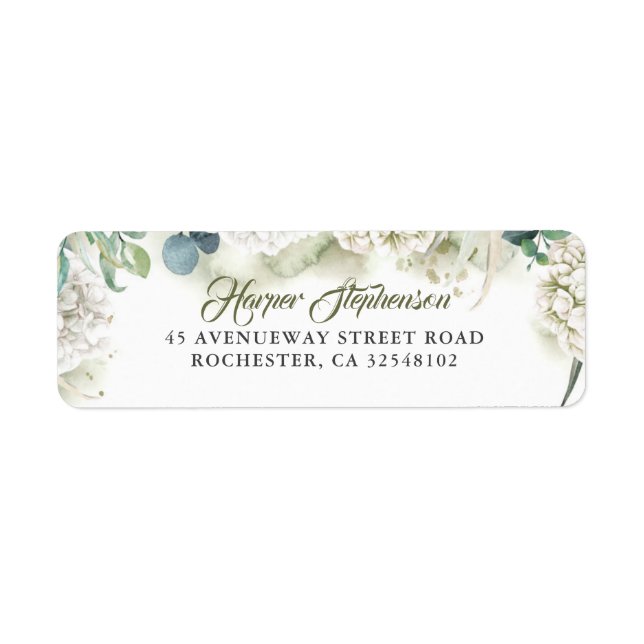 White Hydrangea and Greenery Modern Return Address Label (Front)