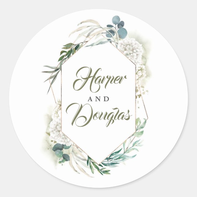 White Hydrangea and Greenery Modern Wedding Classic Round Sticker (Front)