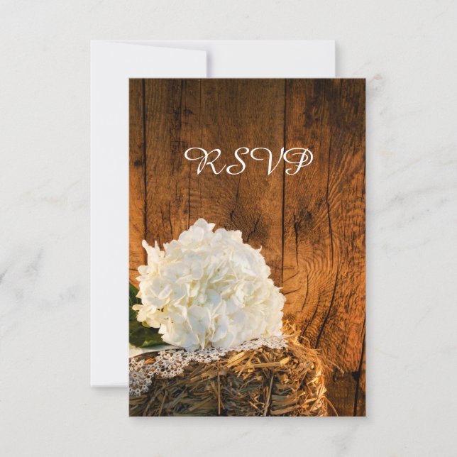 White Hydrangea Barn Wood Country Wedding RSVP (Front)