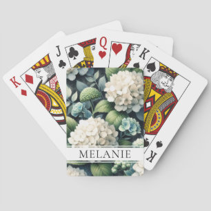 White Hydrangea Botanical Custom Name Playing Cards