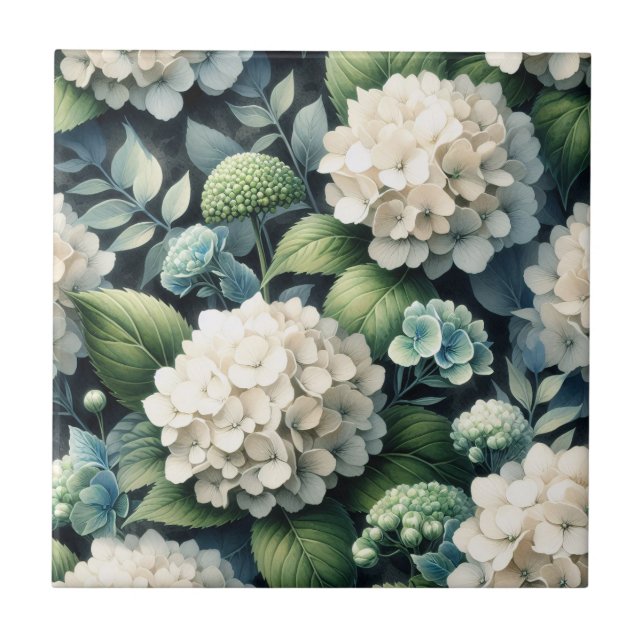 White Hydrangea Botanical Painting Ceramic Tile (Front)