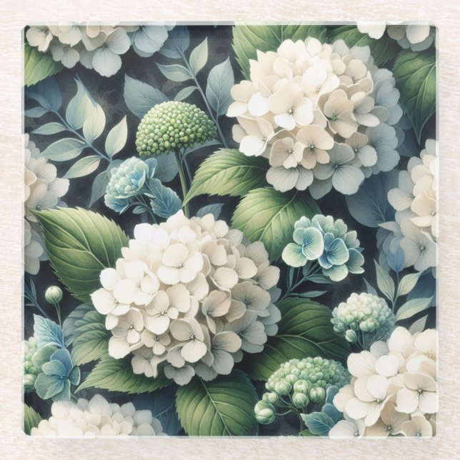 White Hydrangea Botanical Painting Glass Coaster (Front)