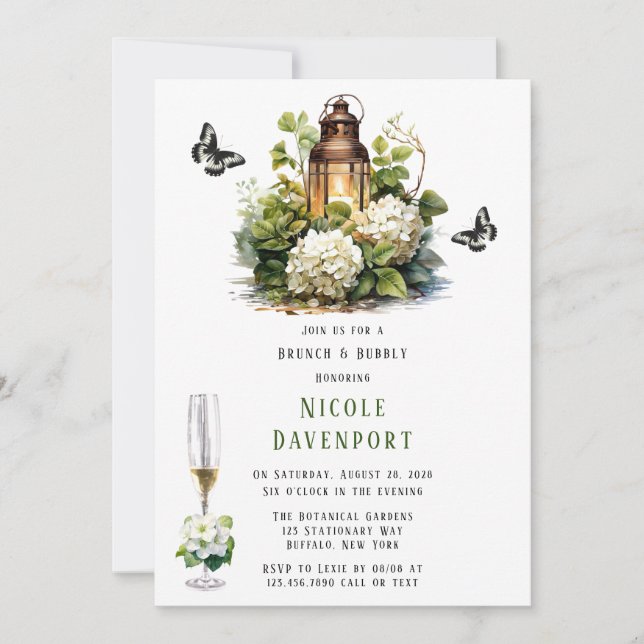White Hydrangea Butterfly Brunch & Bubbly Invitation (Front)