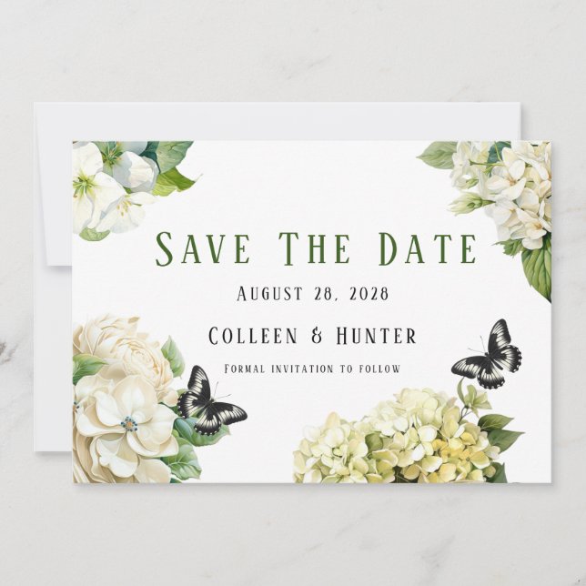 White Hydrangea Butterfly Save The Date Cards (Front)