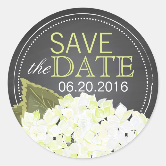 White Hydrangea Chalkboard Save the Date Label (Front)