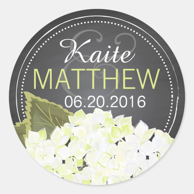 White Hydrangea Chalkboard Wedding Label (Front)