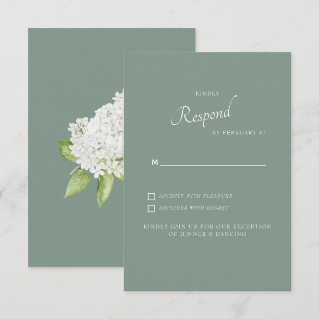 White Hydrangea Dark Sage Background Wedding RSVP Card (Front/Back)