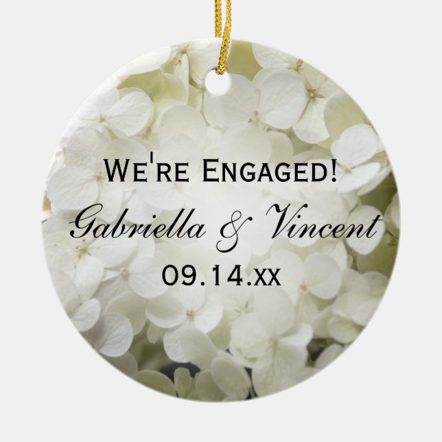 White Hydrangea Engagement Photo Ceramic Tree Decoration (Front)
