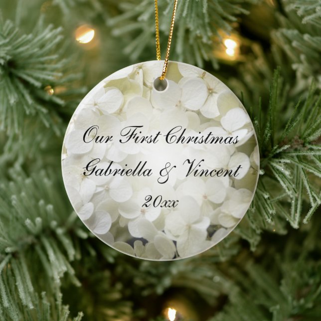 White Hydrangea First Christmas Photo Ceramic Ornament (Tree)