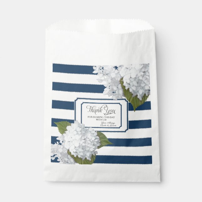 White Hydrangea Floral Garden Navy Blue Thank You Favour Bag (Front)