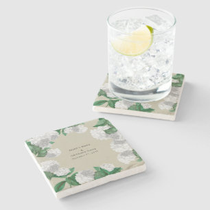 White Hydrangea Floral Greenery Modern Wedding Stone Coaster