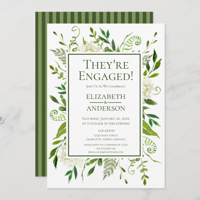 White Hydrangea Floral Watercolor Engagement Party Invitation (Front/Back)