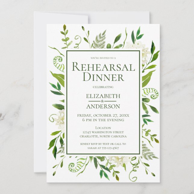 White Hydrangea Floral Watercolor Rehearsal Dinner Invitation (Front)