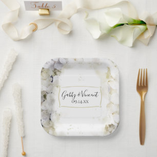 White Hydrangea Floral Watercolor Wedding Paper Plate
