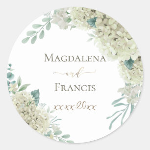white Hydrangea floral wedding Classic Round Sticker