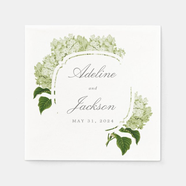 White Hydrangea Flower Names and Wedding Date Napkin (Front)
