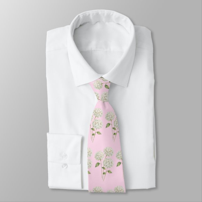 White Hydrangea Flower Painting Pattern Tie (Tied)
